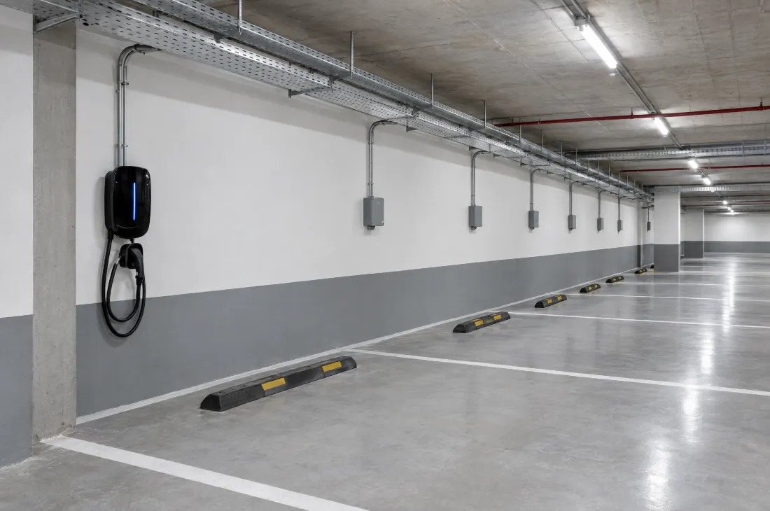 Nova garaža sa razvodnim kutijama kod parking mesta i prvim punjačem