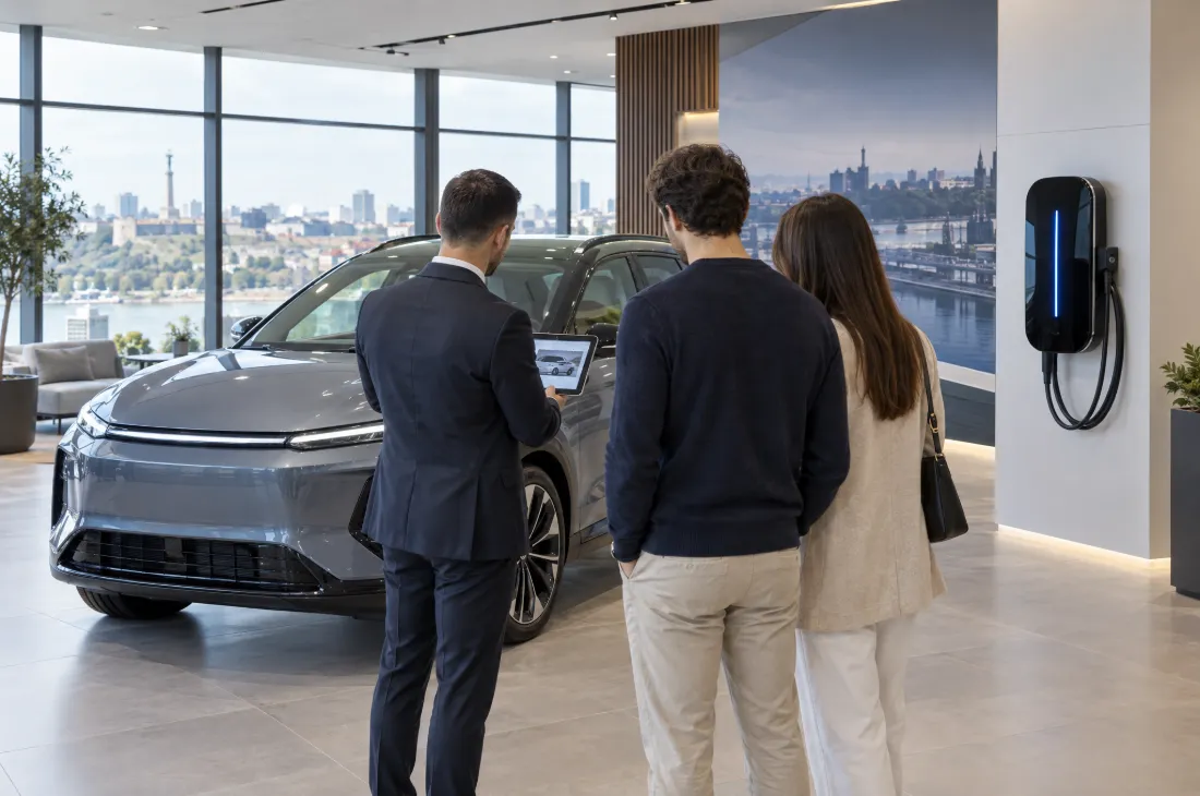 Auto salon sa električnim automobilom i zidnim punjačem