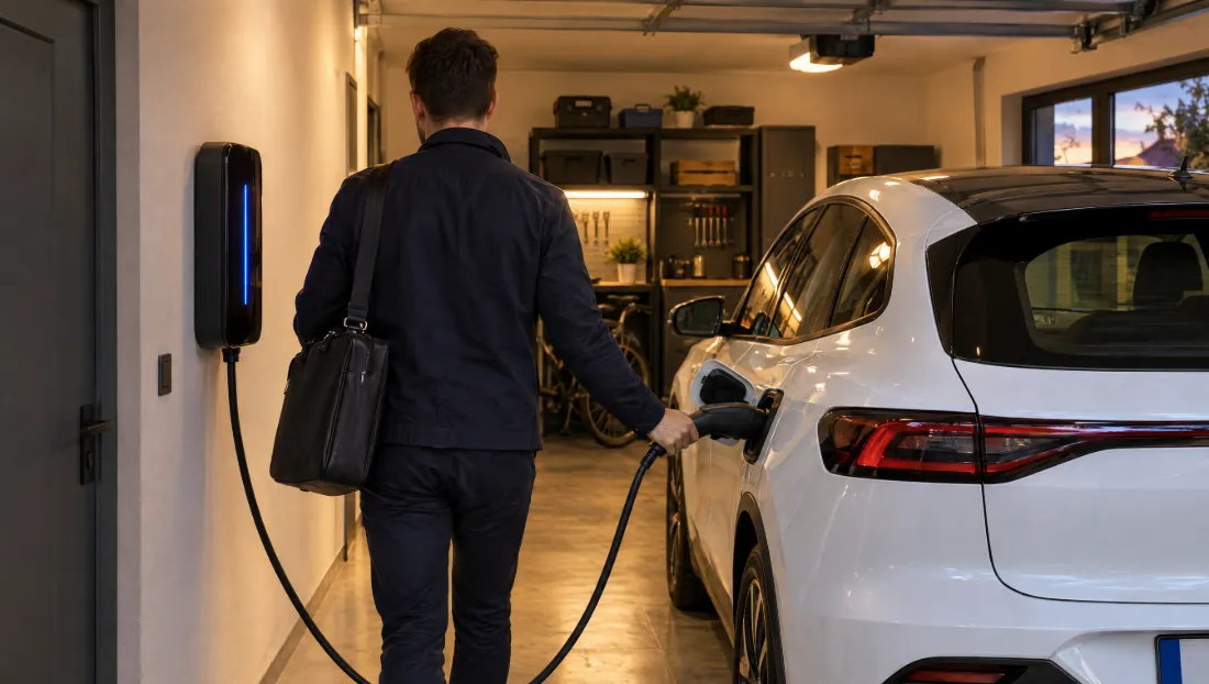 Zaposleni priključuje službeni automobil na punjač u kućnoj garaži