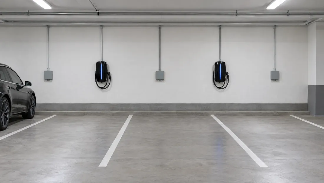 Parking spaces with two chargers and boxes for future chargers