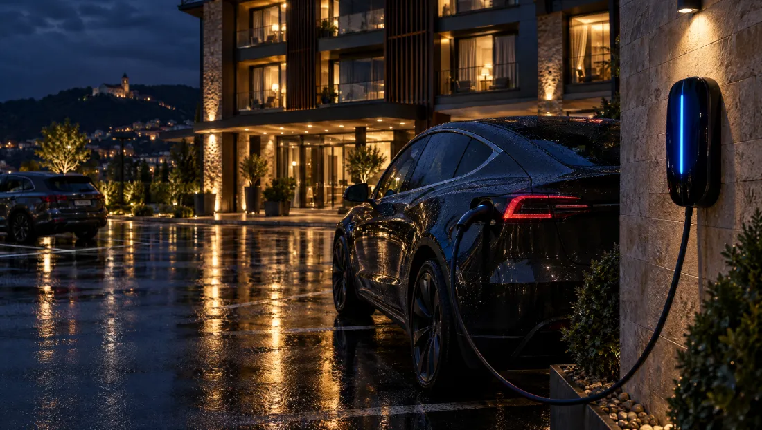 Električni automobil puni se ispred hotela noću