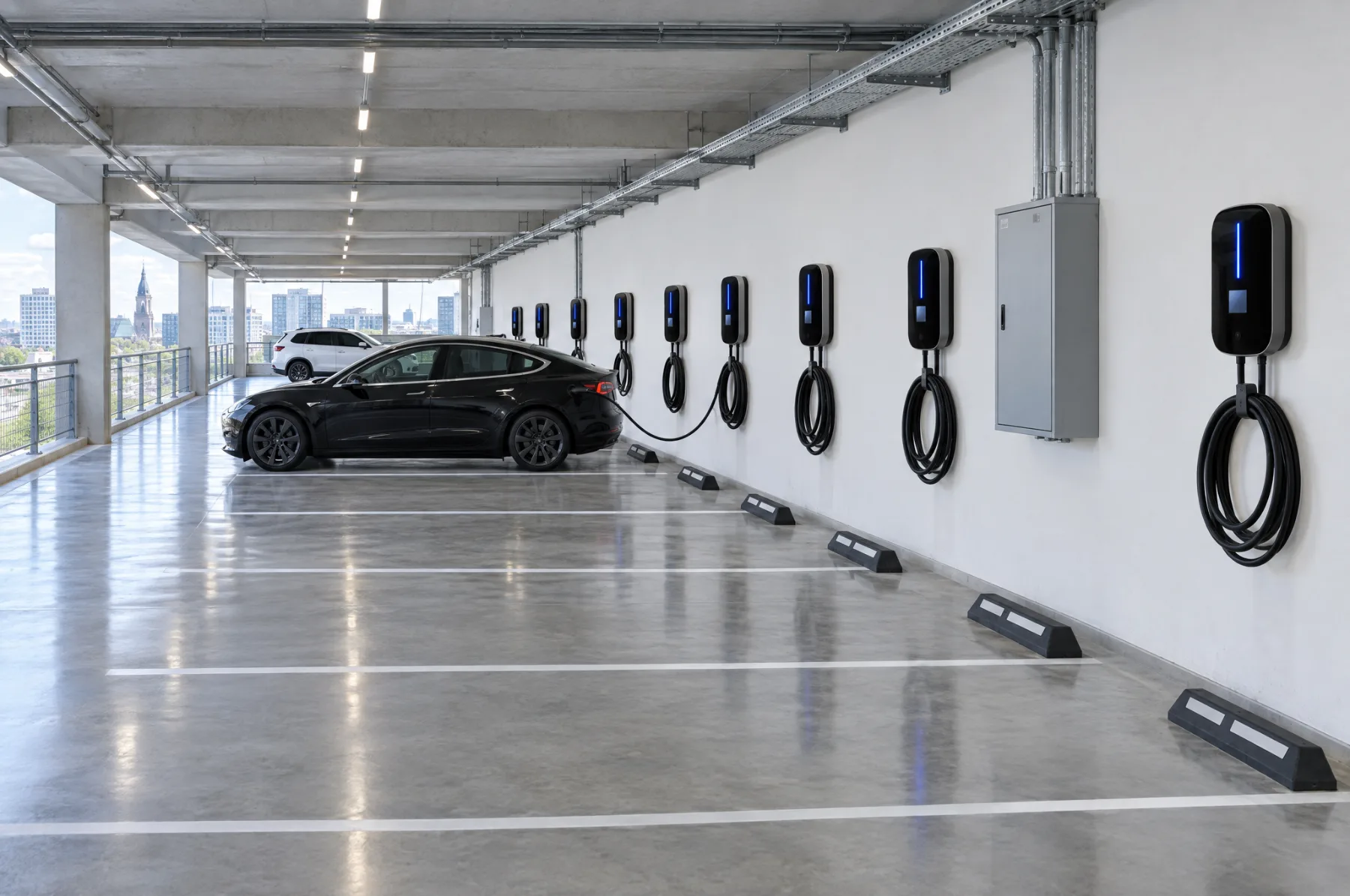 A row of wall chargers in a business garage