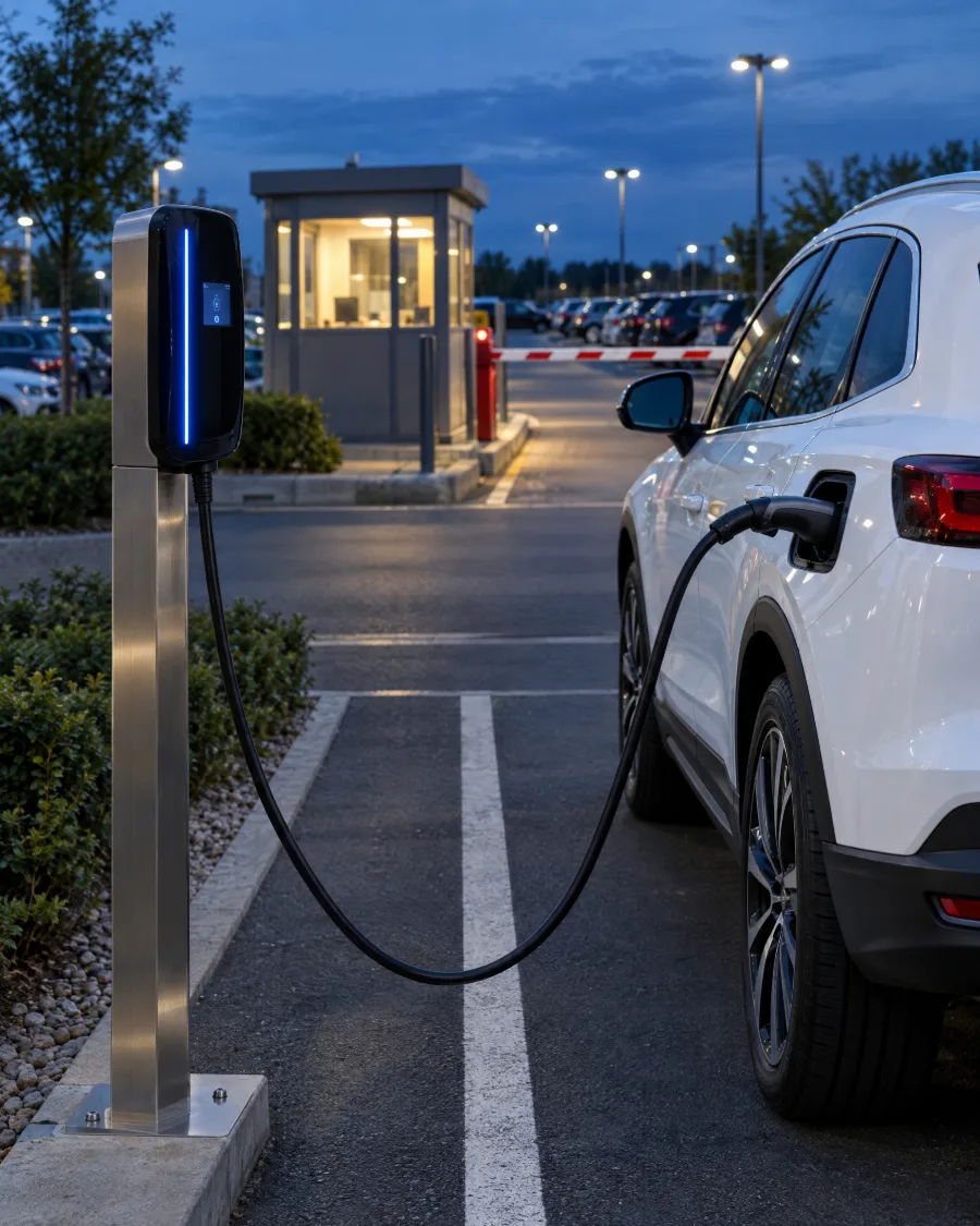 A charger on a pedestal and an electric car in an open-air car park at dusk