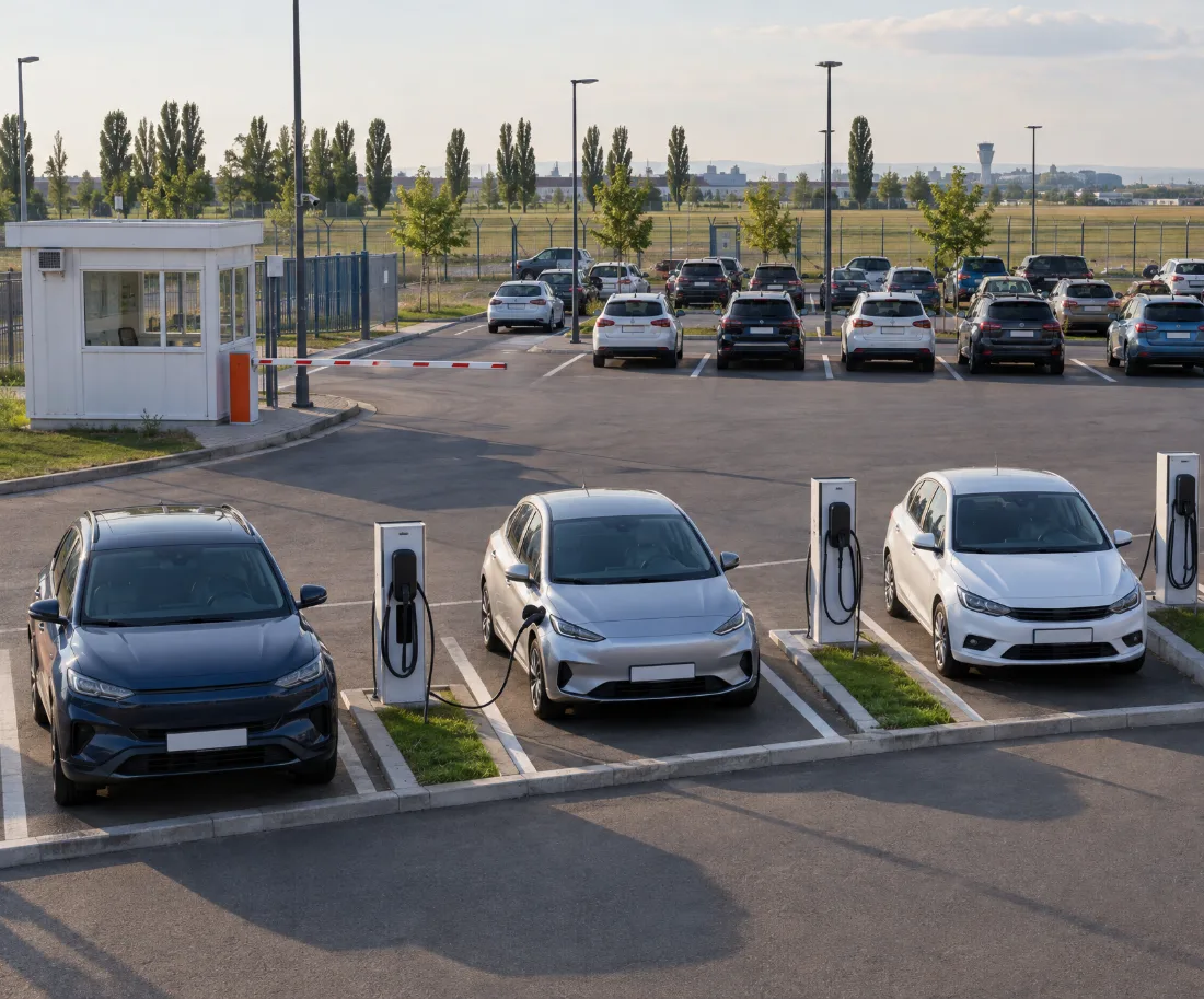 Čuvani parking sa rampom, kućicom i punjačima na stubovima